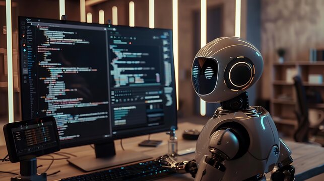 A futuristic robot sits at a desk in a modern office, looking at code on a computer screen.  The robot is designed for AI and technology concepts.