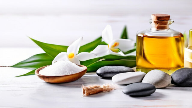 A collection of items related to spa treatments. Exactly - Transparent glass jar with golden liquid, dark stones stacked on top of each other.