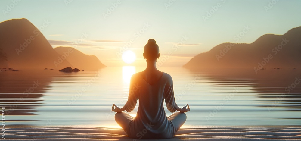 Wall mural international yoga day background with a scene of a person sitting in a yoga pose on the beach at su - Wall murals