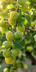 Ripe Green Plums Hanging From A Branch In The Summer Sun