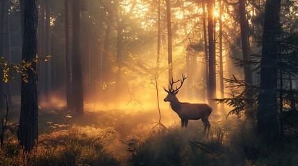 Fototapeta premium A majestic deer stands in a misty forest bathed in warm golden light. The sun shines through the trees, creating a magical atmosphere.