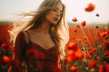 Naklejka premium Ethereal young woman in a red dress amongst vibrant poppies during golden hour