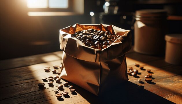 Eine Papiert&uuml;te mit Kaffeebohnen auf einem Tisch