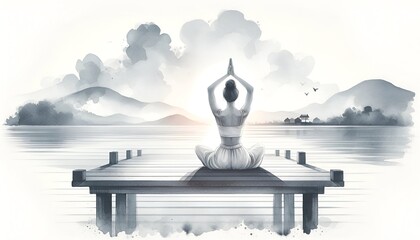 International Yoga Day poster illustration with a serene scene of a woman in a yoga pose.