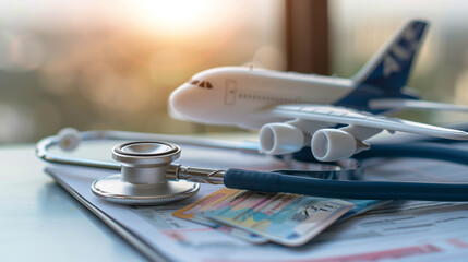 Close-up of a toy airplane, stethoscope, and travel documents in soft sunlight, representing the concept of medical travel and global health journeys.