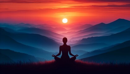 Poster for International Yoga Day with a person meditating on the top of mountain at sunrise.