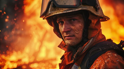A firefighter battling an intense fire that is consuming a house in the background.
