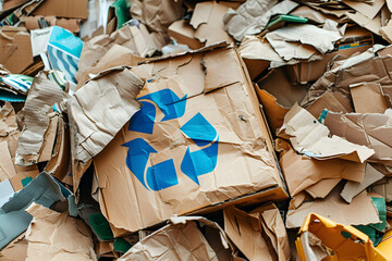 A pile of assorted paper and cardboard materials marked with the universal recycling symbol, set against a neutral background to promote environmental conservation and sustainable practices.