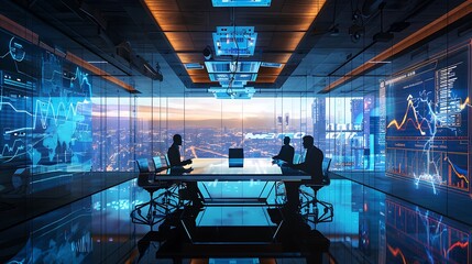 Silhouetted businessmen in a futuristic office, analyzing data projections on a large screen.