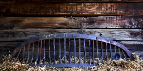 Years of hard work have weathered the old hay rake resting against the barn wall. Concept Rustic Farm Scene, Weathered Hay Rake, Old Barn Wall, Years of Hard Work, Agriculture Aesthetic