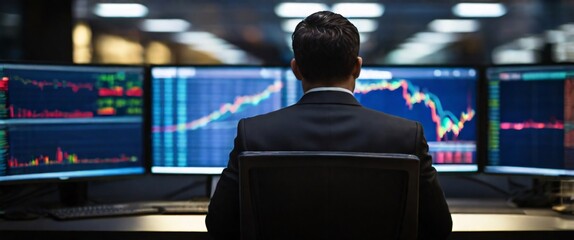 businessman Explore the shadowy world of stock trading with a visually descriptive image of a his back turned to the viewer as he sits in front of a monitor. The lines on the screen seem to come to