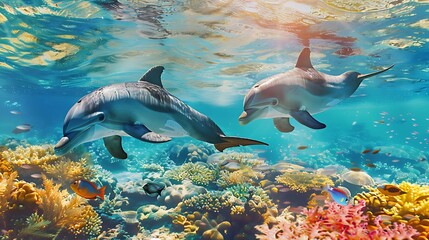 Obraz premium Two playful dolphins swim through a vibrant coral reef, sunlight streaming through the clear water.