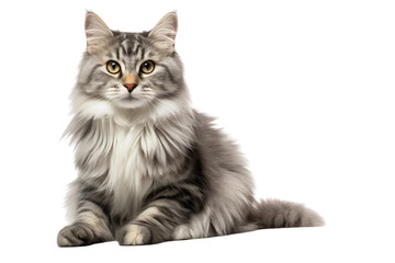 Fototapeta premium A gray fluffy cat is sitting and looking at the camera.