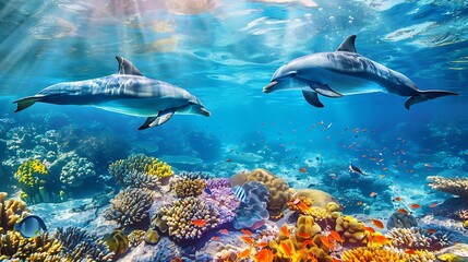 Fototapeta premium Two dolphins swim gracefully over a vibrant coral reef in a sun-drenched ocean.