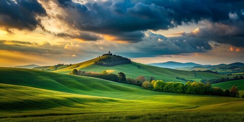 A green field with a hill in the background and clouds in the sky above it, with a few trees on top of the hill, a picture, color field, beautiful landscape,