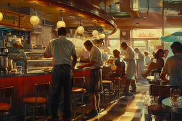 A bustling diner with a short-order cook flipping generated by AI