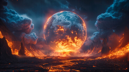 a hologram globe projected over an erupting volcano, with rivers of molten lava creating a fiery spectacle