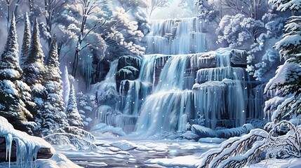 Snowy landscape with a frozen waterfall. The scene is peaceful and serene, with the water flowing down the rocks and the trees covered in snow. Concept of calm and tranquility