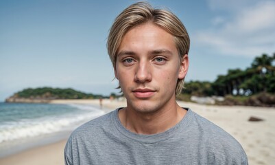 Blond man posing on the beach