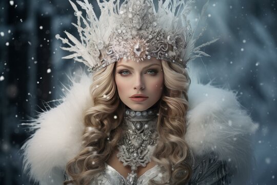 Majestic snow queen with ice crown in a magical winter wonderland