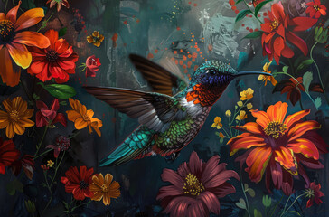 A hummingbird hovering near vibrant flowers, with its iridescent plumage and long beak highlighting the beauty of nature's details.