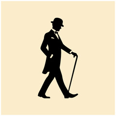 man wear suit and bowler hat walking with stick