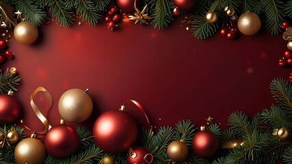  red Christmas background with a border of branches, golden Christmas toys, stars and gifts. 
