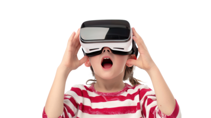 Child with virtual reality headset toy on a white background