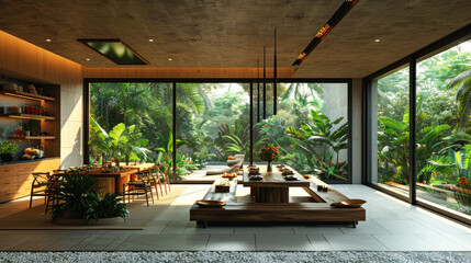Fototapeta premium Natural brown shade dining room of a house resort by lush jungle