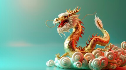 Dragon 3D chinese 2024 year gold new lunar cny podium happy background red golden. Chinese dragon 3D banner china festive illustration invitation money party green japanese render celebration blue.