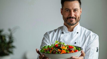 Chef in a white uniform holding a gourmet dish, presenting proudly against a white backdrop
