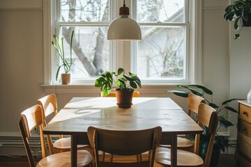 Fototapeta premium Dining area with basic wooden table and chairs, no decor, under a single pendant light for a minimalist look