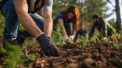 Group of volunteers planting trees in a deforested area, focusing on reforestation and sustainable land use
