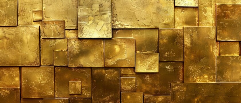 Golden luxury blocks background, different squares, cubes for a geometrical patterned, textured and shiny backdrop. Lush pattern for modern, vintage banner to be used for commercials, banners, web.