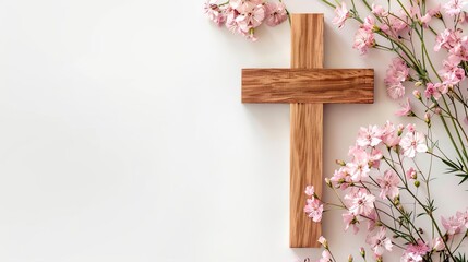 christian wooden cross and flowers on muted white background funeral invitation template photograph