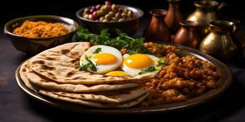 Traditional Egyptian Breakfast: Foul Medames, Taameya, Falafel, Crepes, and Coffee. Concept Egyptian Cuisine, Breakfast, Ful Medames, Street Food, Coffee