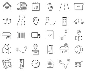 Delivery, a set of linear icons. Shipping. Mail, parcels. 30 icons. Fast parcel delivery. E-commerce.
