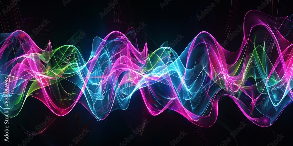 Poster abstract neon waveforms against black background