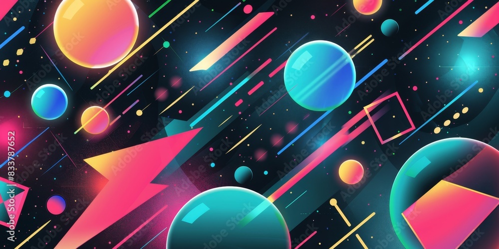 Poster retro geometric abstract art background with colorful planets and stars
