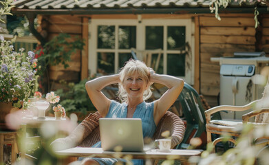 A middle-aged woman sits at her laptop in the garden, relaxing with her hands behind her head and smiling