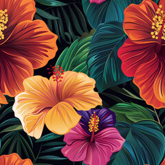  Exotic Hibiscus Floral Pattern, Rich Colors, Lush Botanical Design, Background