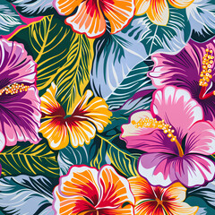 Tropical Hibiscus Flowers Pattern, Vibrant Colors, Botanical Design, Background