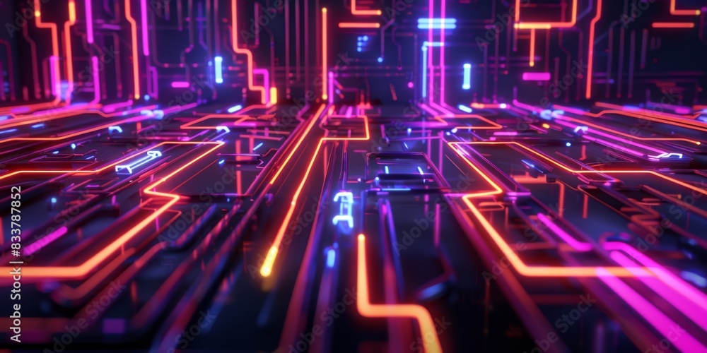 Poster futuristic neon circuitry landscape with glowing lines