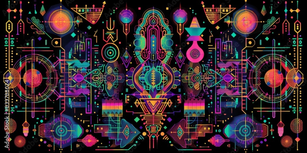 Poster Abstract Geometric Tapestry With Vibrant Colors and Intricate Patterns