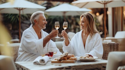 Middle-aged couple in bathrobes toasting with wine on an outdoor terrace, Enjoying a romantic spa day together.