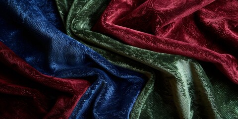 Textured Velvet Fabrics in Blue, Green, and Red Hues