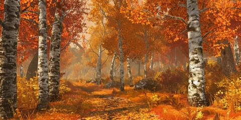 A Misty Autumn Path Through Golden Birch Trees