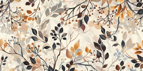 Watercolor Botanical Pattern With Orange, Black, and Grey Leaves