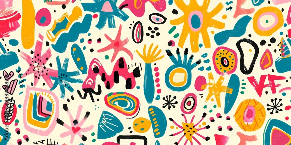 Poster whimsical abstract pattern with colorful shapes and geometric designs