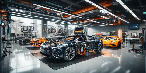 Charging electric cars at a hybrid engine repair shop with advanced technology. Concept Electric Vehicles, Hybrid Engines, Technology, Car Repair, Sustainable Transportation